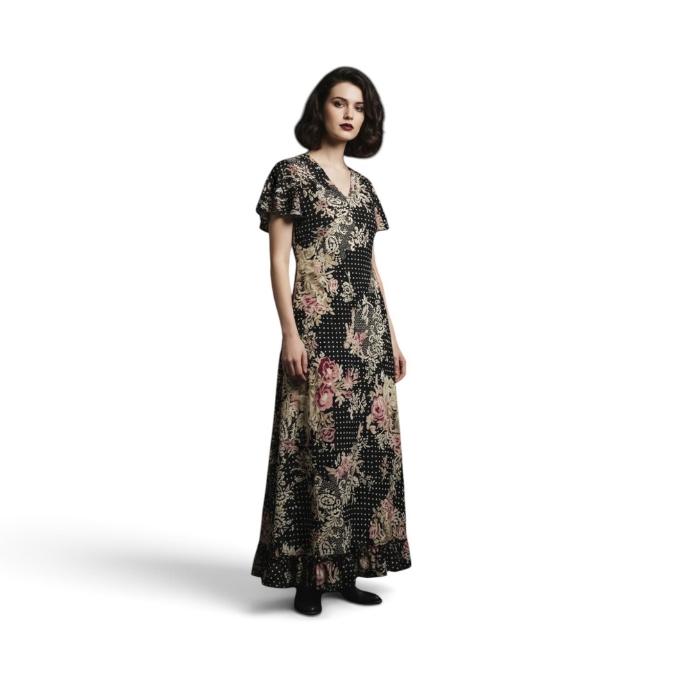 Vintage Maxi Dress Large Black Floral Polka Dot Ruffle Whimsigoth 90s Y2K Flowy